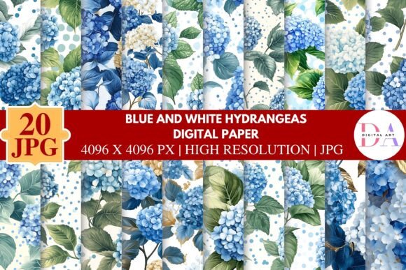 Blue and White Hydrangeas Digital Paper for Creative Projects