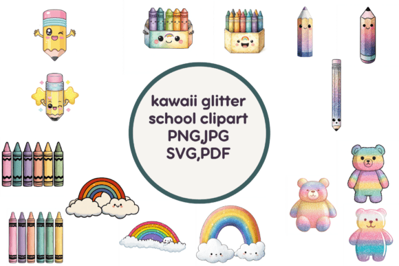 Kawaii Glitter School Clipart PNG, JPG: A Cute and Versatile Design Resource