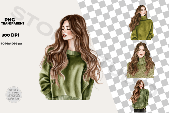 Stylish Women Green Sweater Clipart